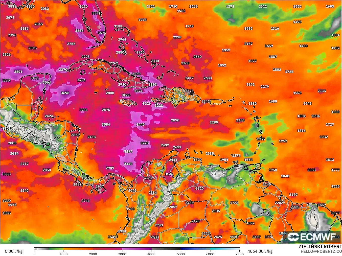 ECMWF IFS 0.25° modelo - Caribbean, CAPE