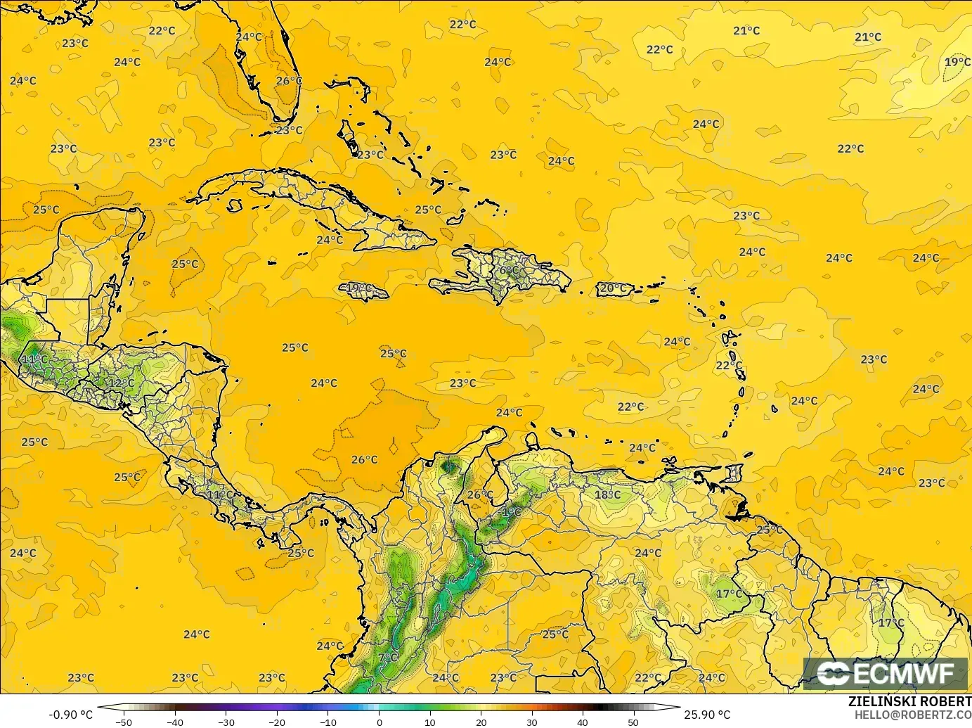 ECMWF IFS 0.25° modelo - Caribbean, Dewpoint at 2m