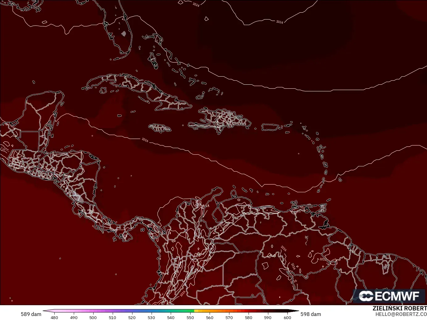 ECMWF IFS 0.25° modelo - Caribbean, Geopotential height at 500hPa