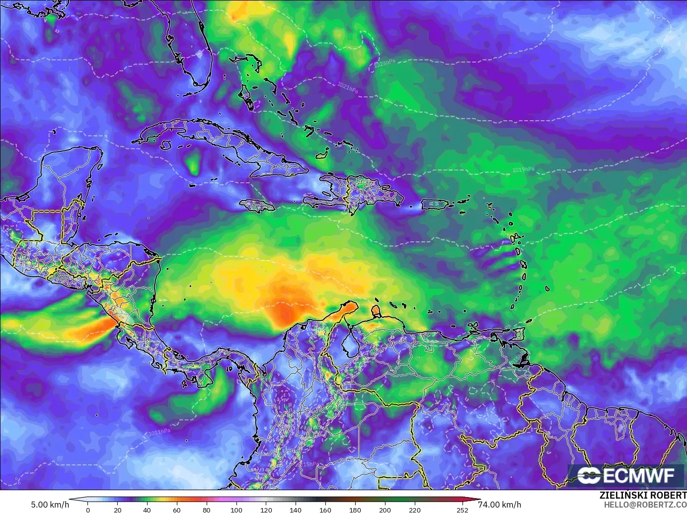 ECMWF IFS 0.25° modelo - Caribbean, Wind Gusts