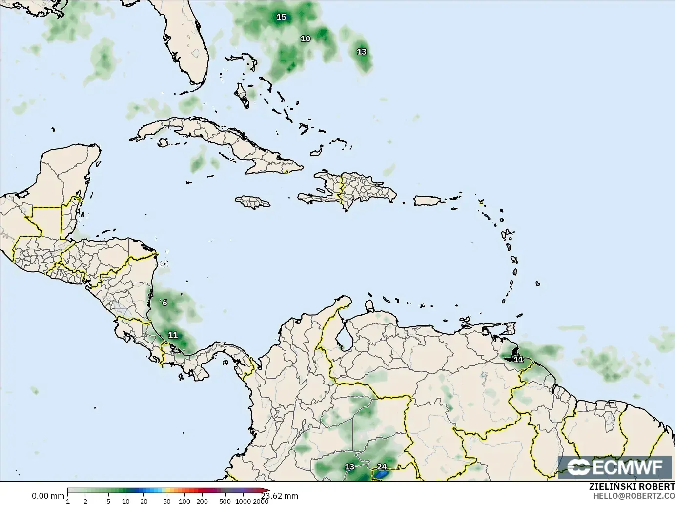 ECMWF IFS 0.25° modelo - Caribbean, Precipitation Accumulation