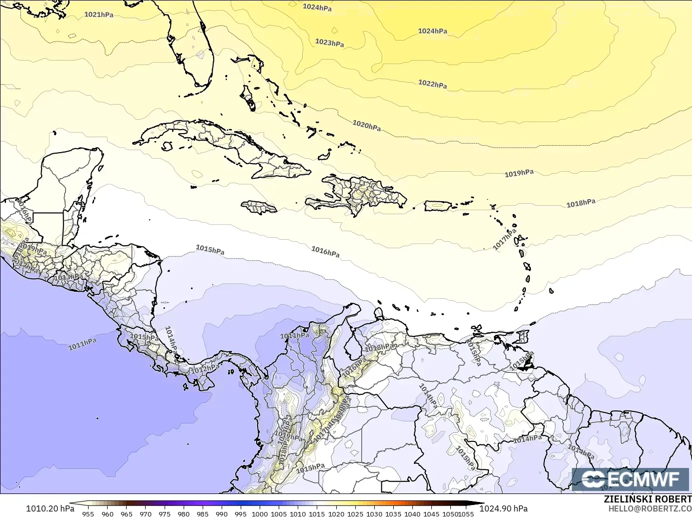 ECMWF IFS 0.25° modelo - Caribbean, Pressure