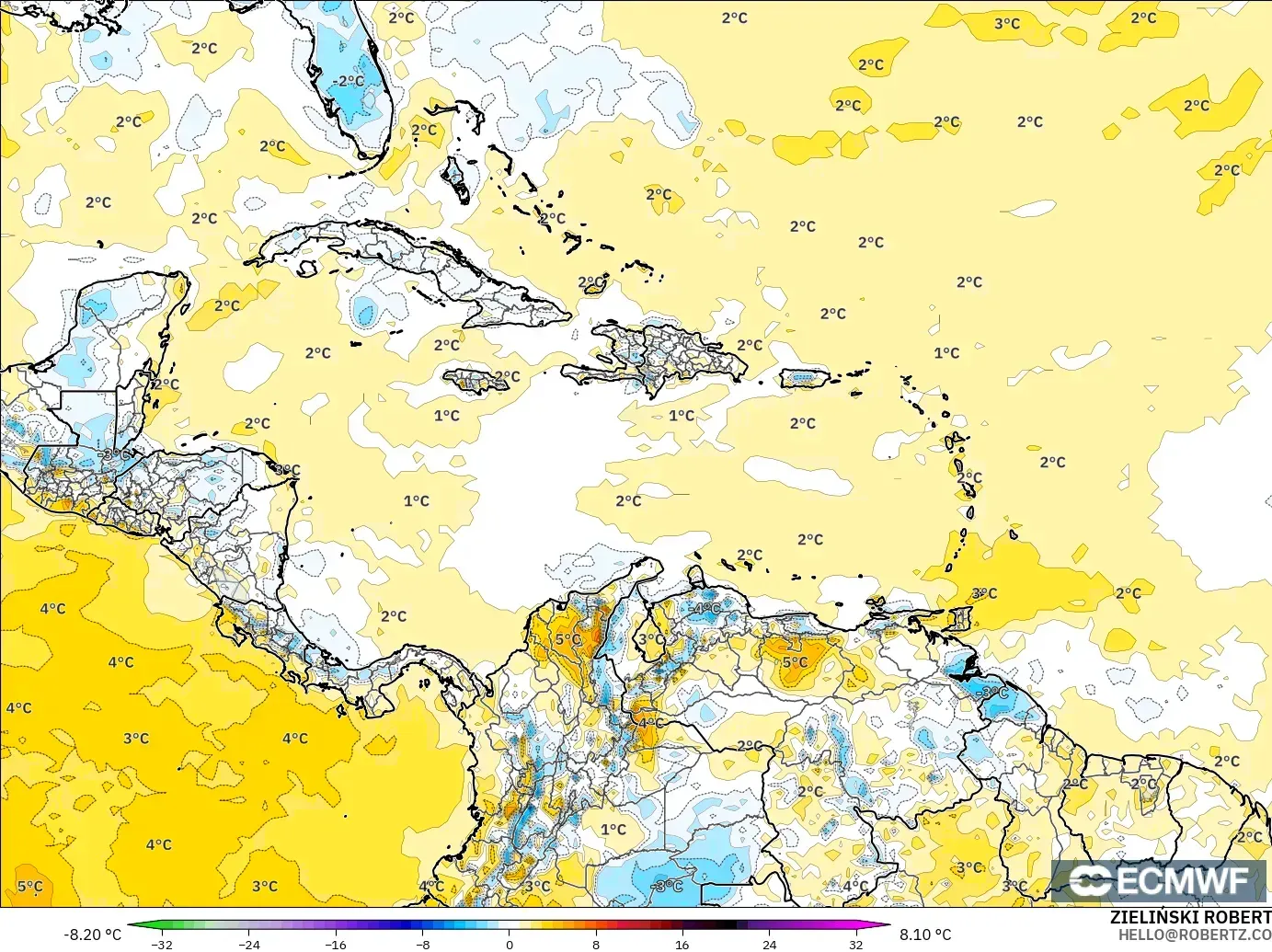 ECMWF IFS 0.25° modelo - Caribbean, Temperature at 2m Anomaly