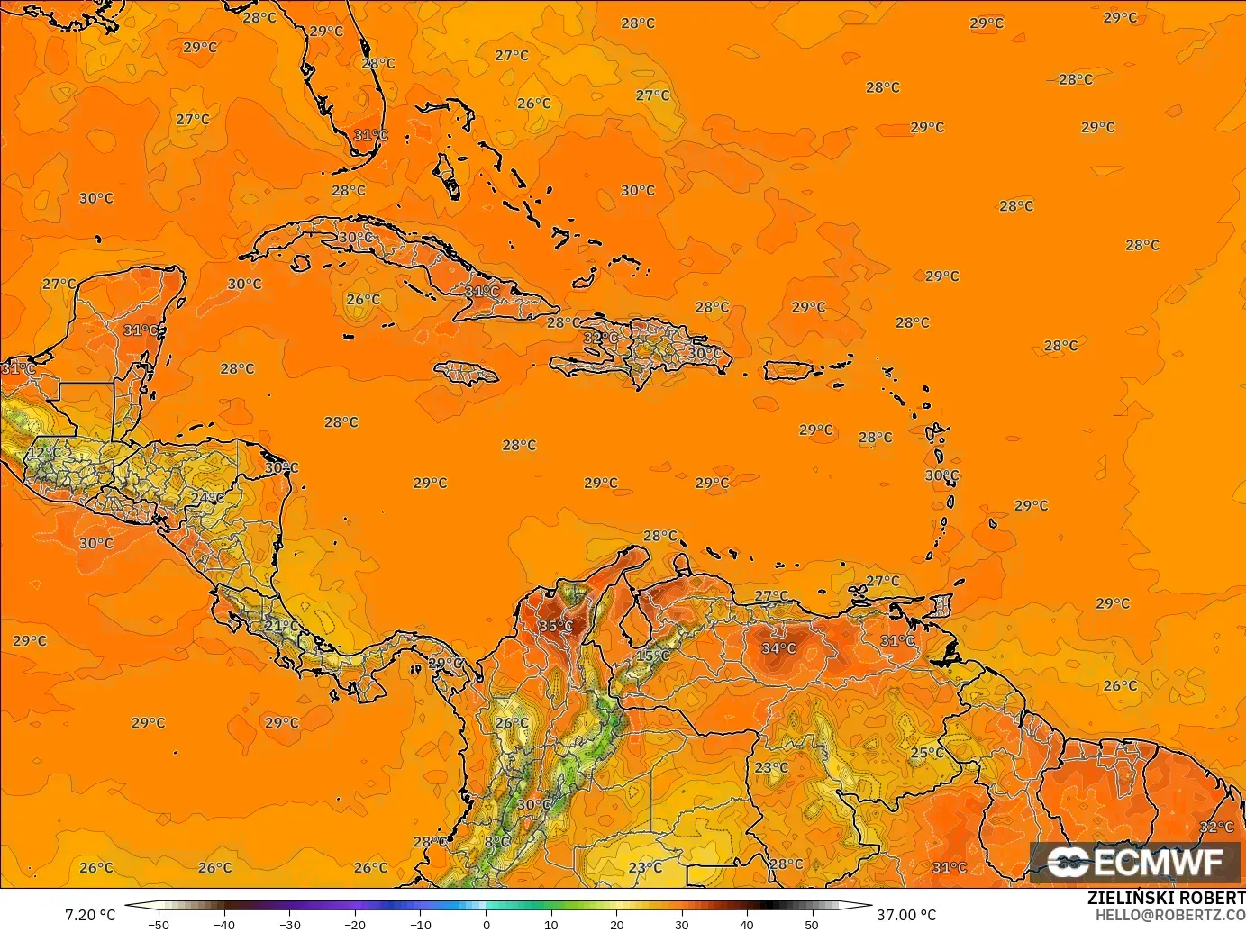 ECMWF IFS 0.25° modelo - Caribbean, Temperature at 2m