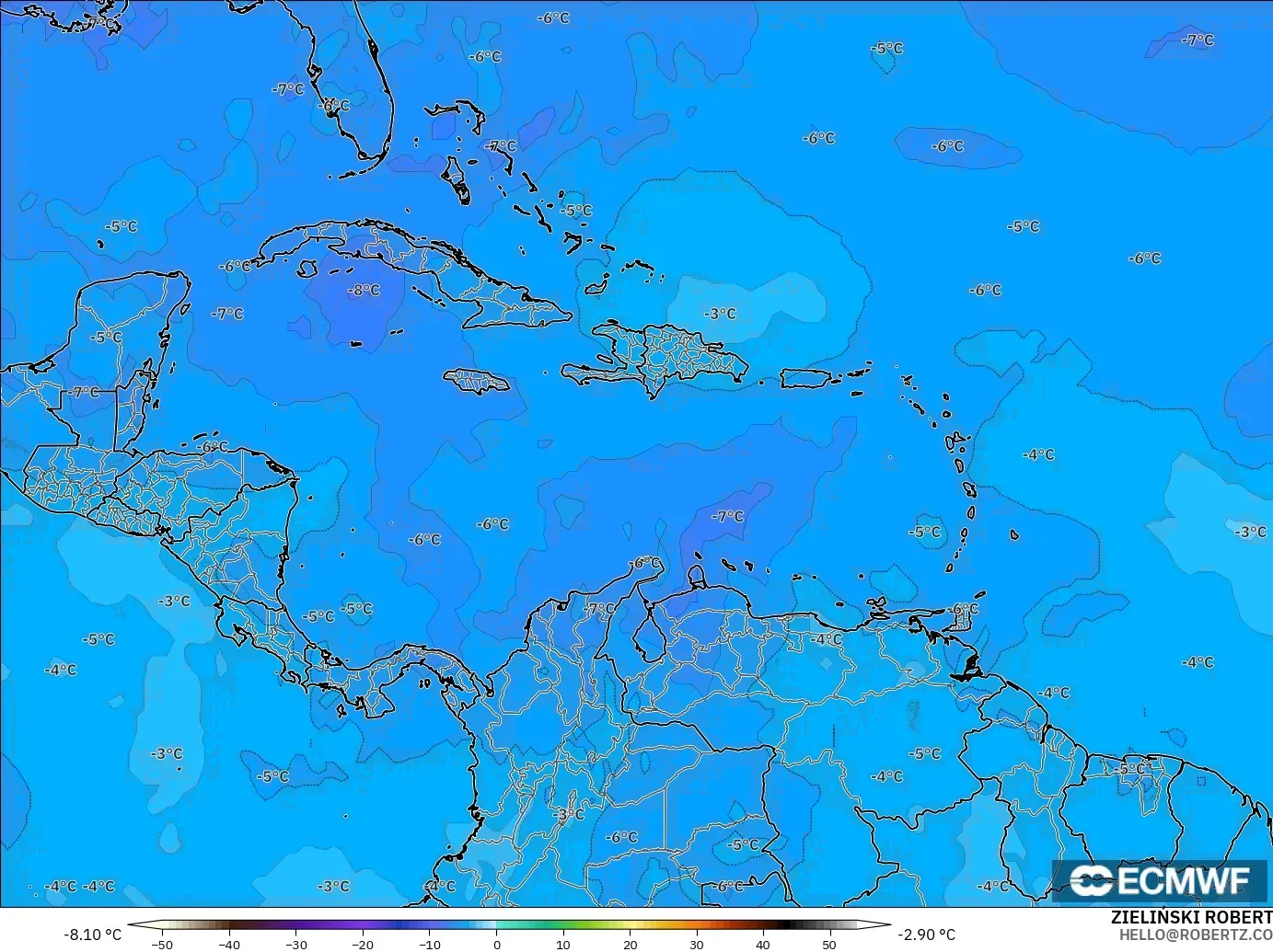 ECMWF IFS 0.25° modelo - Caribbean, Temperature at 500hPa