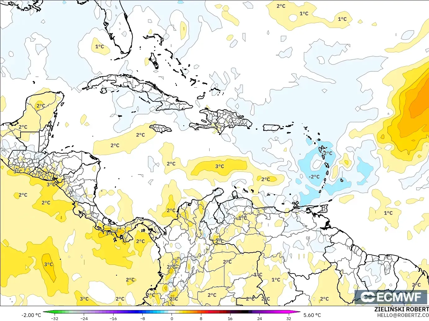 ECMWF IFS 0.25° modelo - Caribbean, Temperature at 850hPa Anomaly