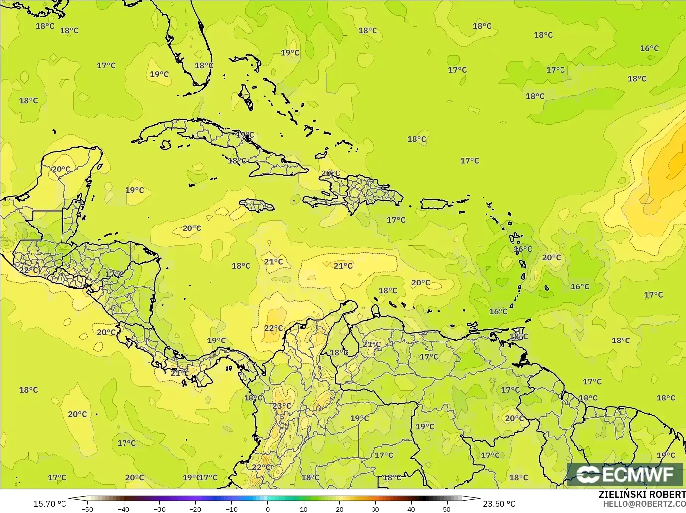 ECMWF IFS 0.25° modelo - Caribbean, Temperature at 850hPa