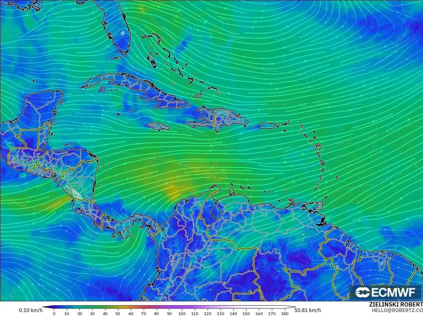 ECMWF IFS 0.25° modelo - Caribbean, Wind at 10m
