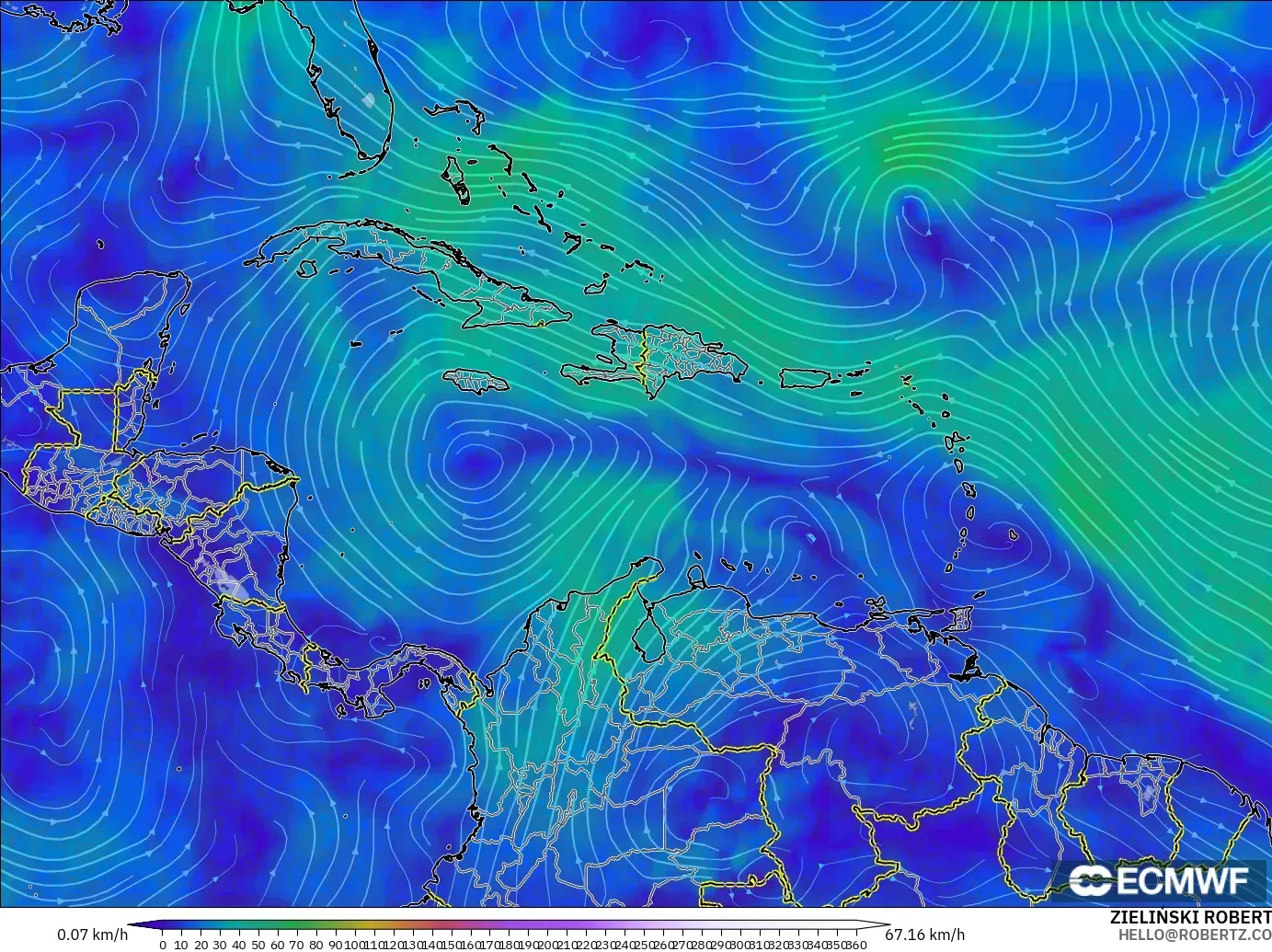 ECMWF IFS 0.25° modelo - Caribbean, Wind at 300hPa (jet stream)