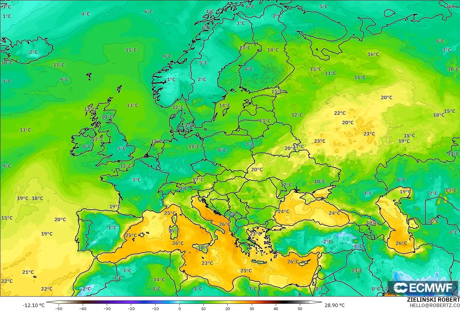 ECMWF IFS 0.25° modelo - Europe, Dewpoint at 2m