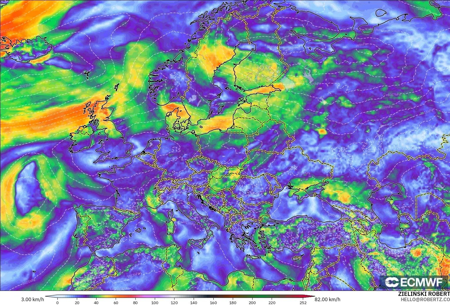 ECMWF IFS 0.25° modelo - Europe, Wind Gusts