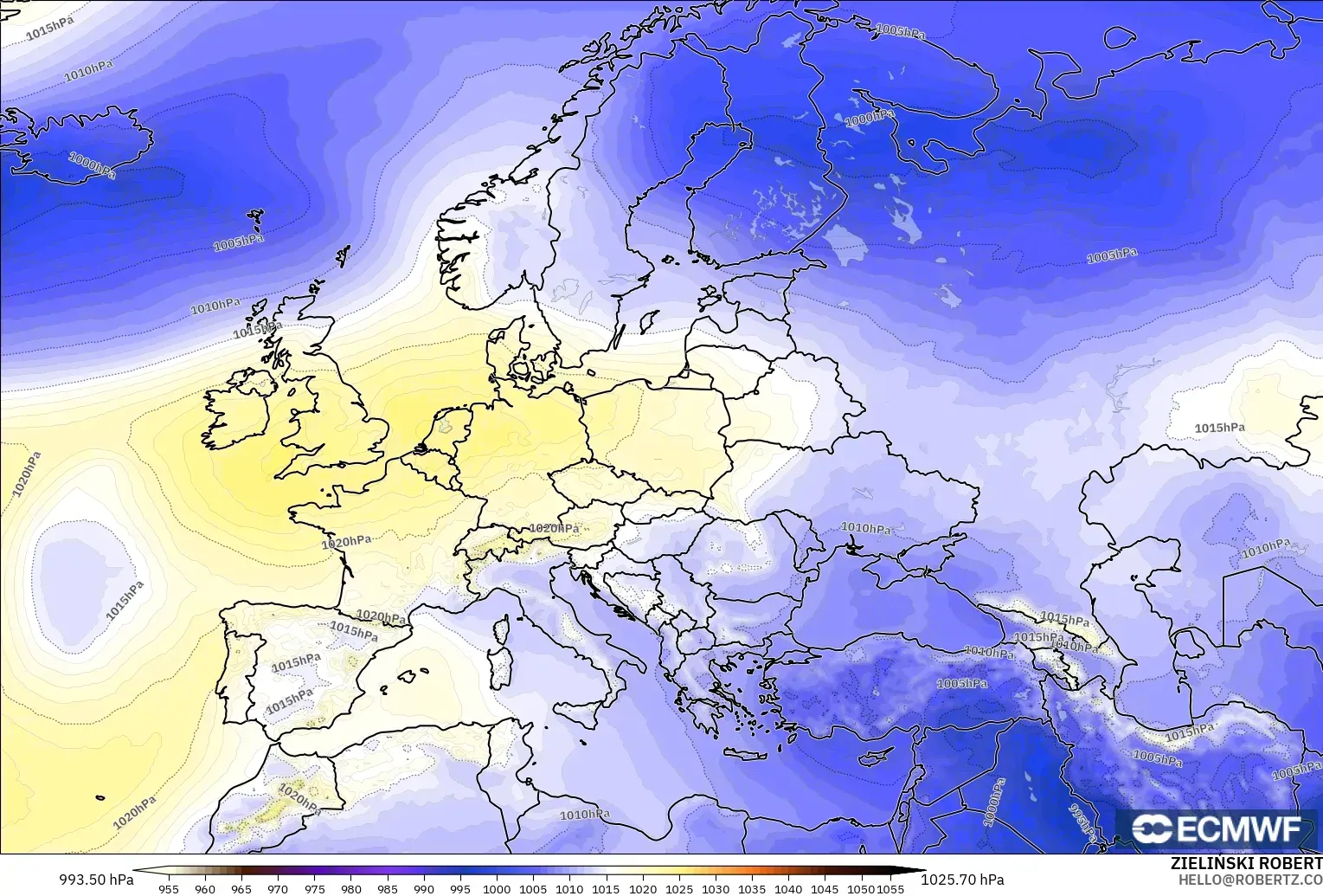 ECMWF IFS 0.25° modelo - Europe, Pressure