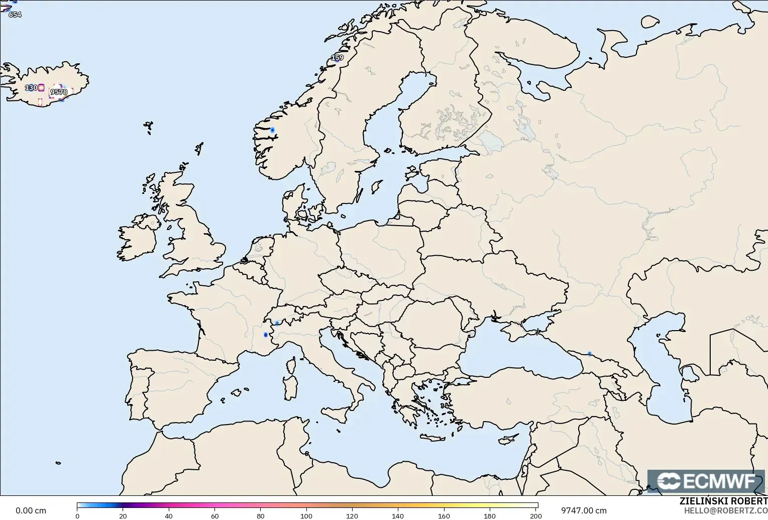 ECMWF IFS 0.25° modelo - Europe, Snow Depth