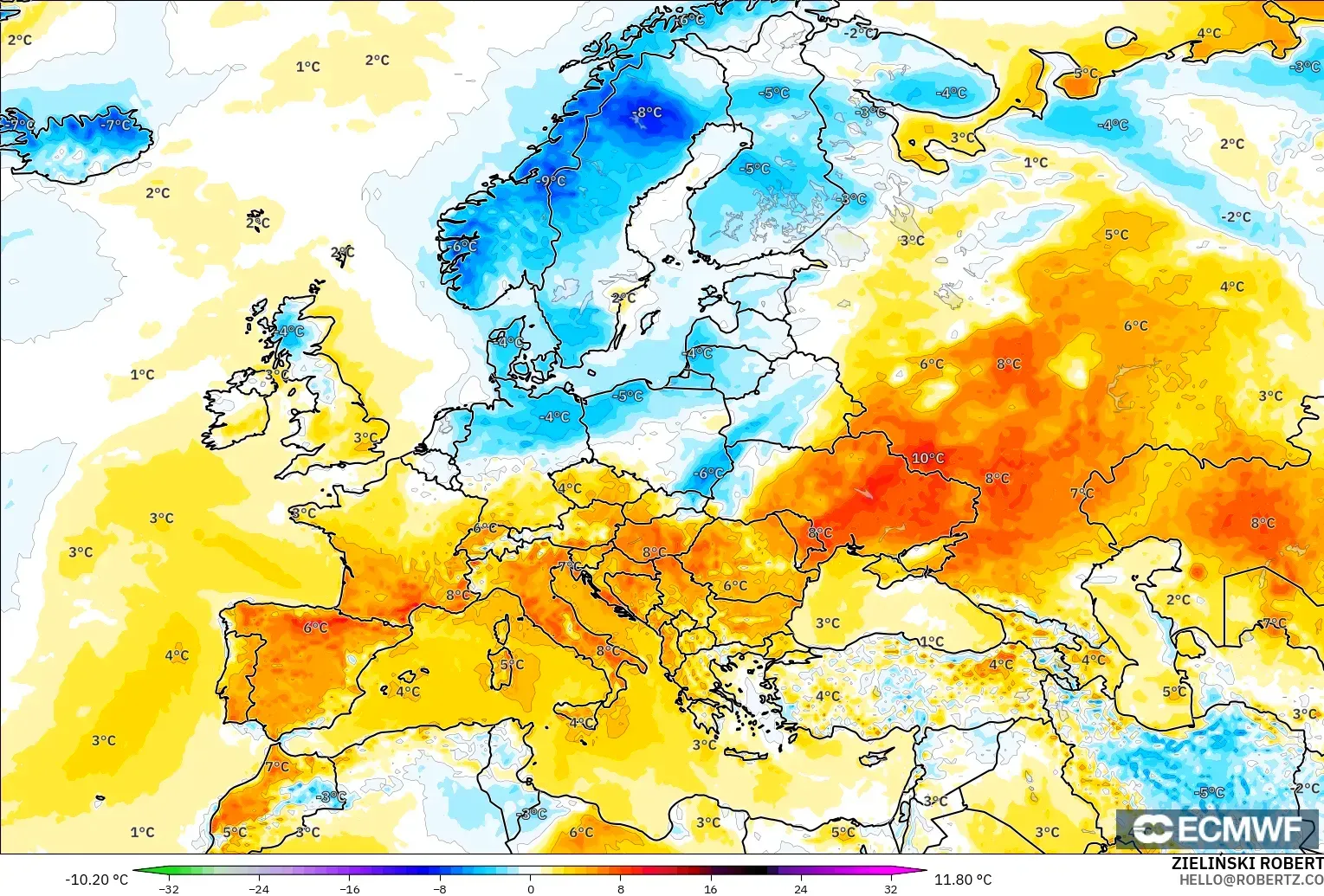 ECMWF IFS 0.25° modelo - Europe, Temperature at 2m Anomaly