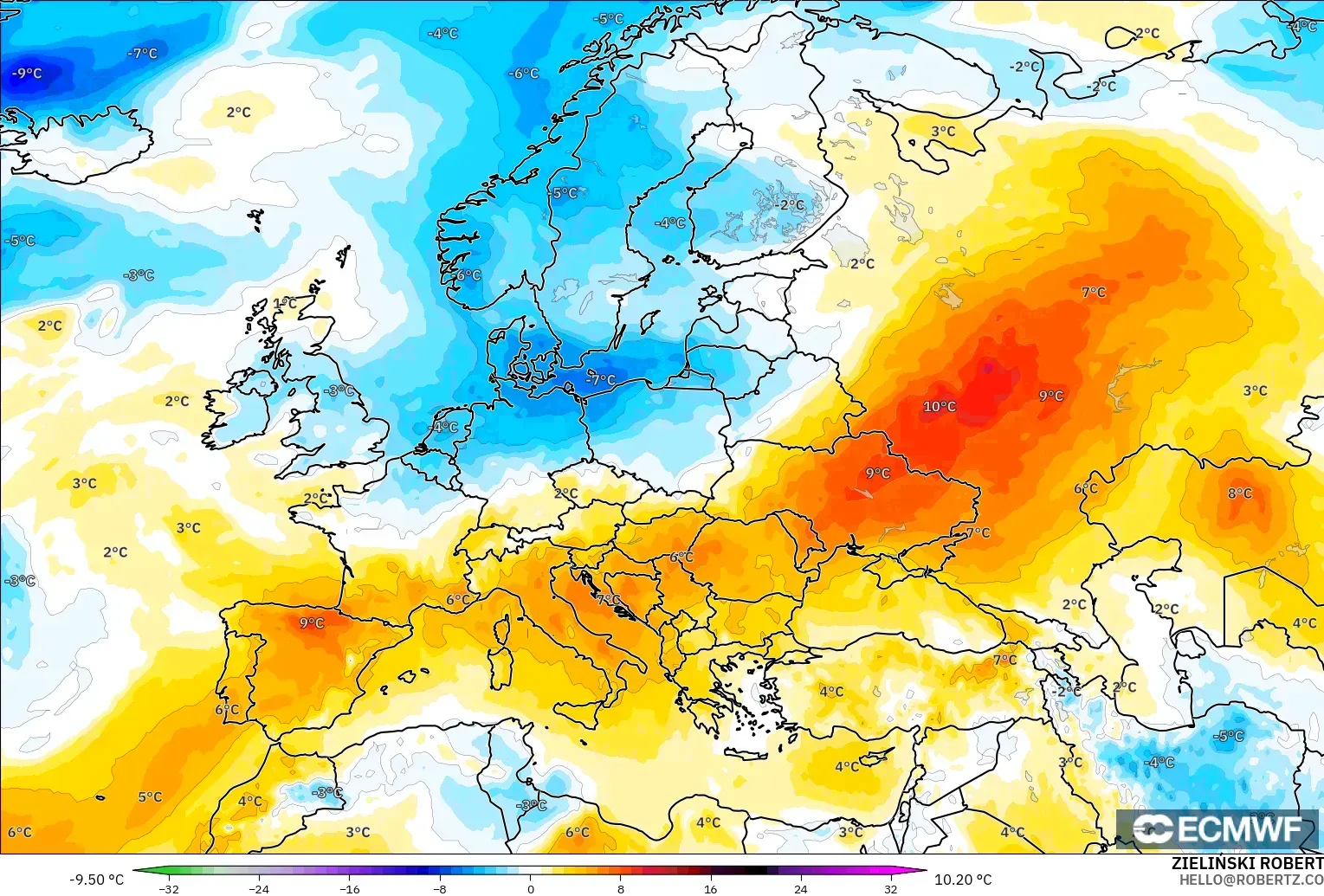 ECMWF IFS 0.25° modelo - Europe, Temperature at 850hPa Anomaly