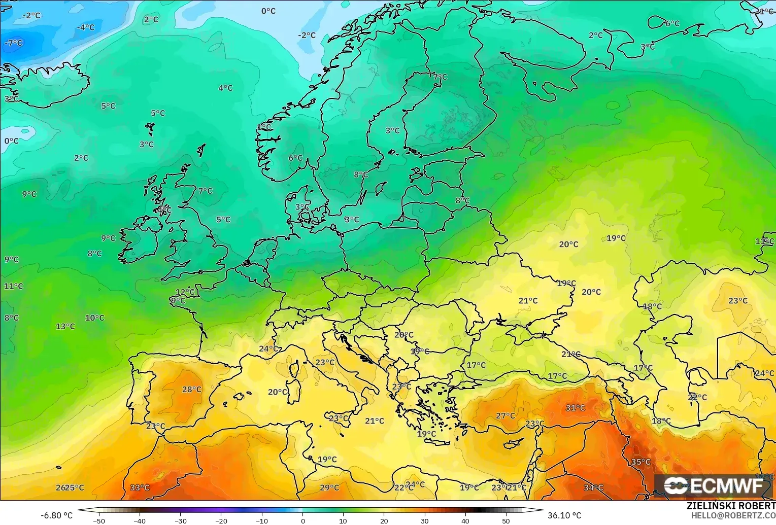 ECMWF IFS 0.25° modelo - Europe, Temperature at 850hPa