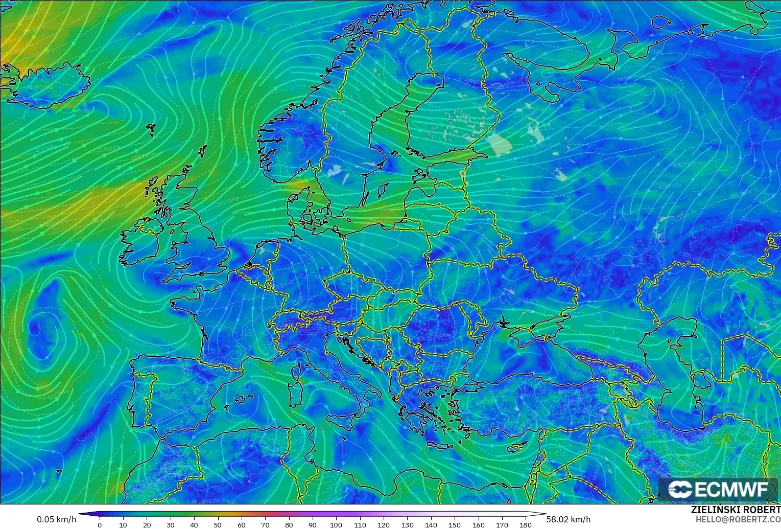 ECMWF IFS 0.25° modelo - Europe, Wind at 10m