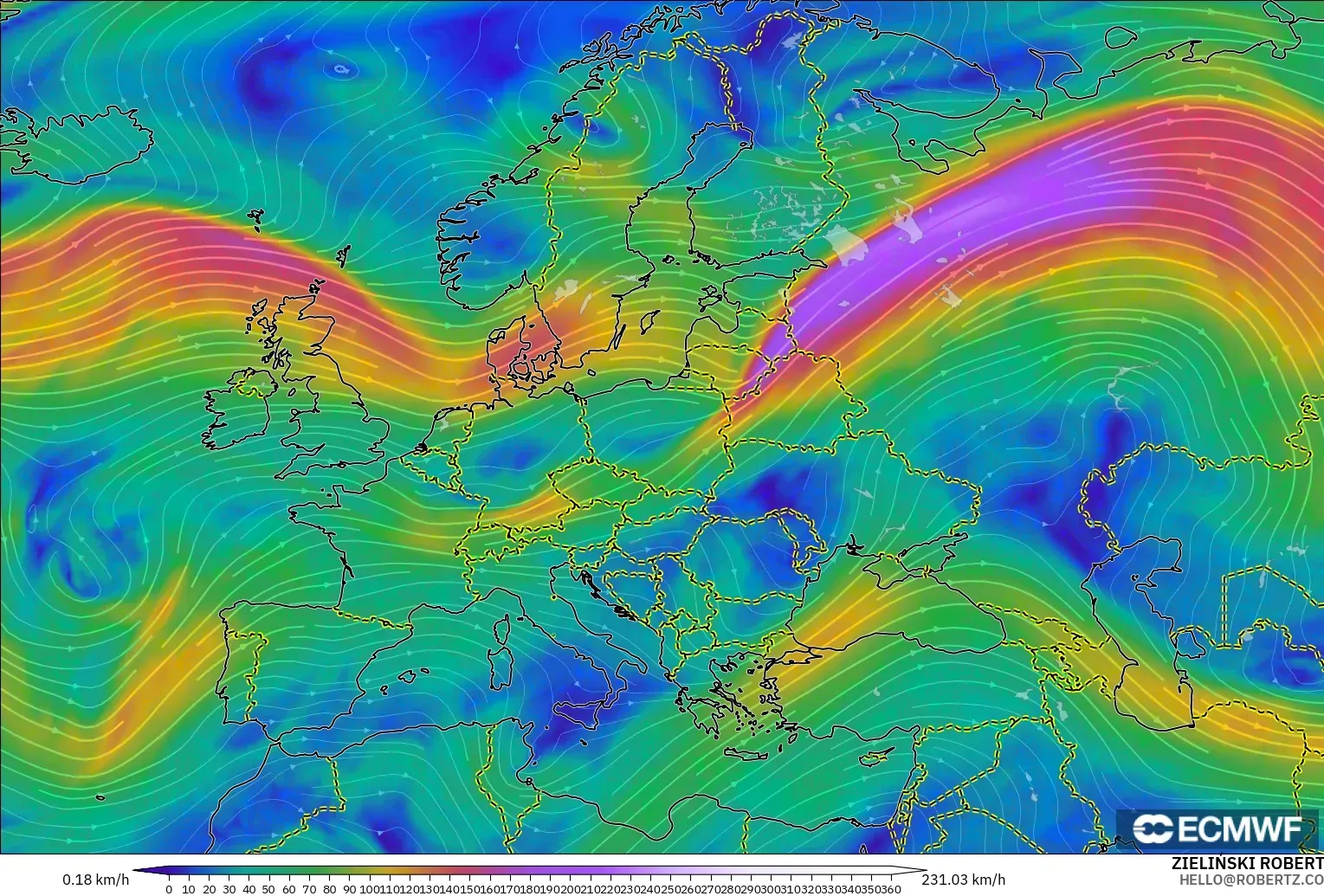 ECMWF IFS 0.25° modelo - Europe, Wind at 300hPa (jet stream)