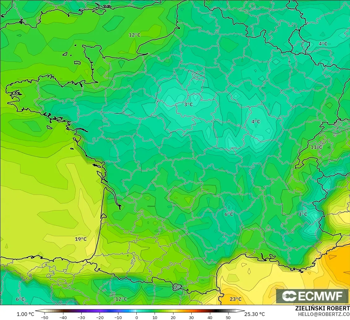 ECMWF IFS 0.25° modelo - France, Dewpoint at 2m