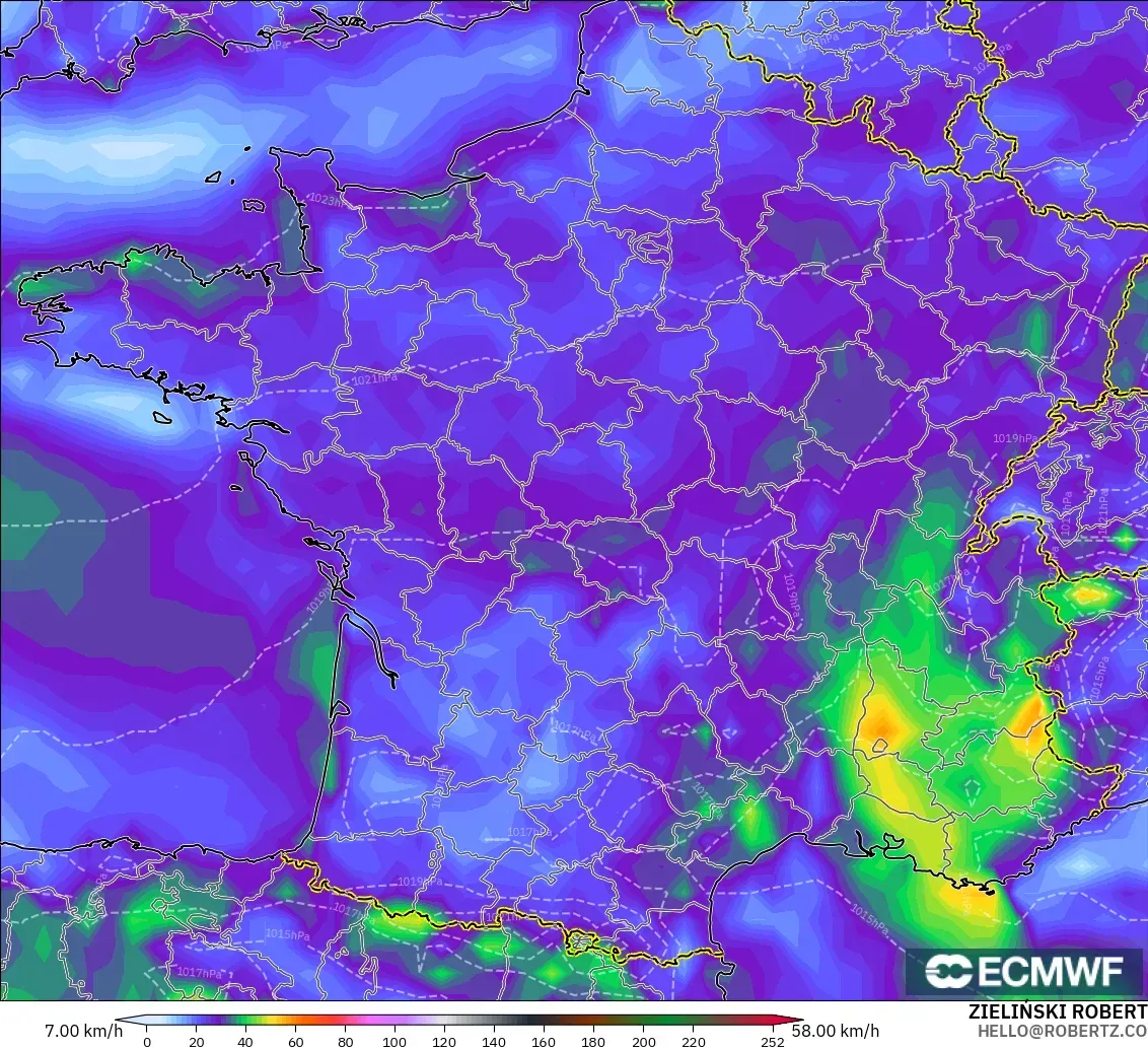 ECMWF IFS 0.25° modelo - France, Wind Gusts