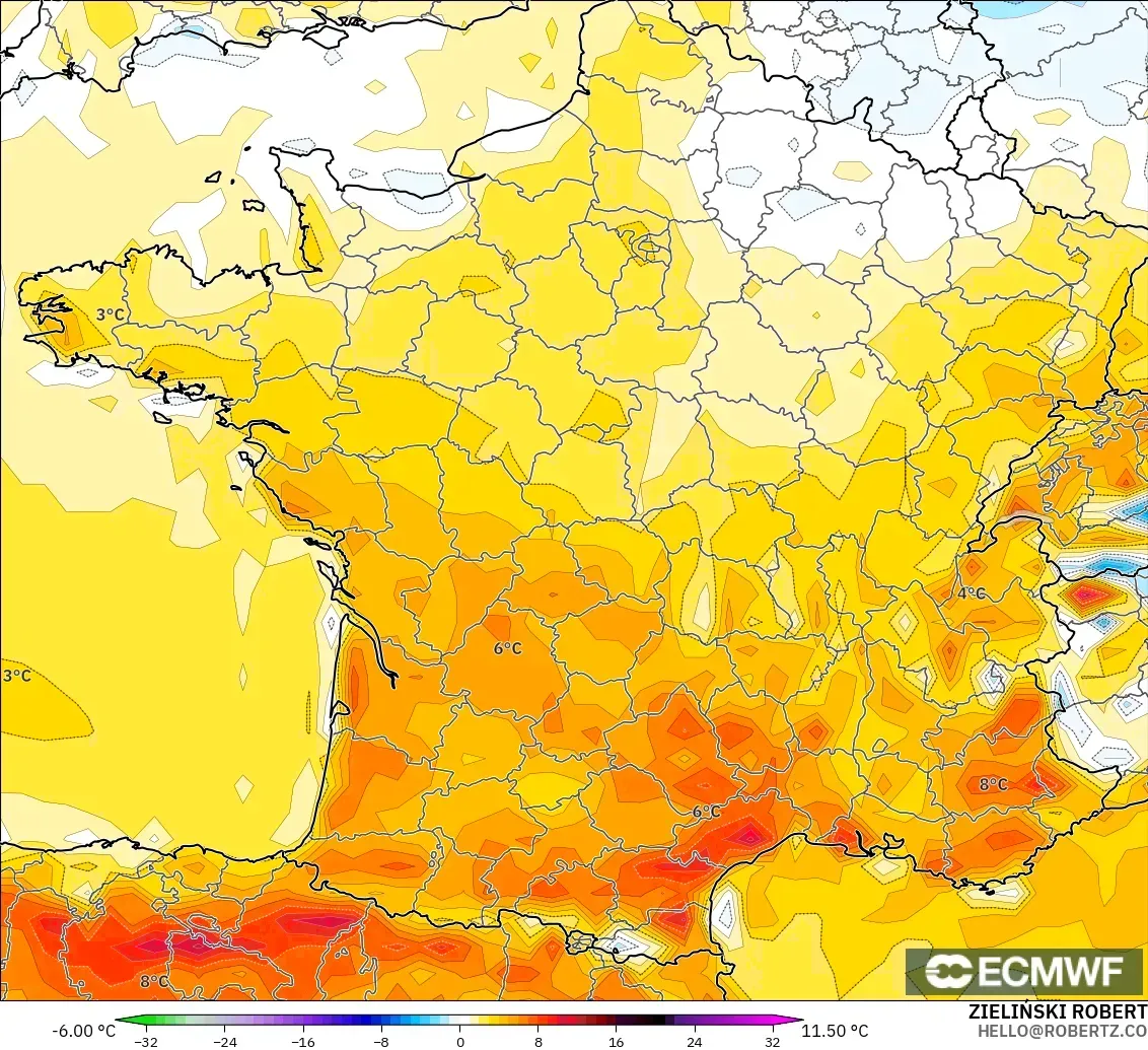 ECMWF IFS 0.25° modelo - France, Temperature at 2m Anomaly
