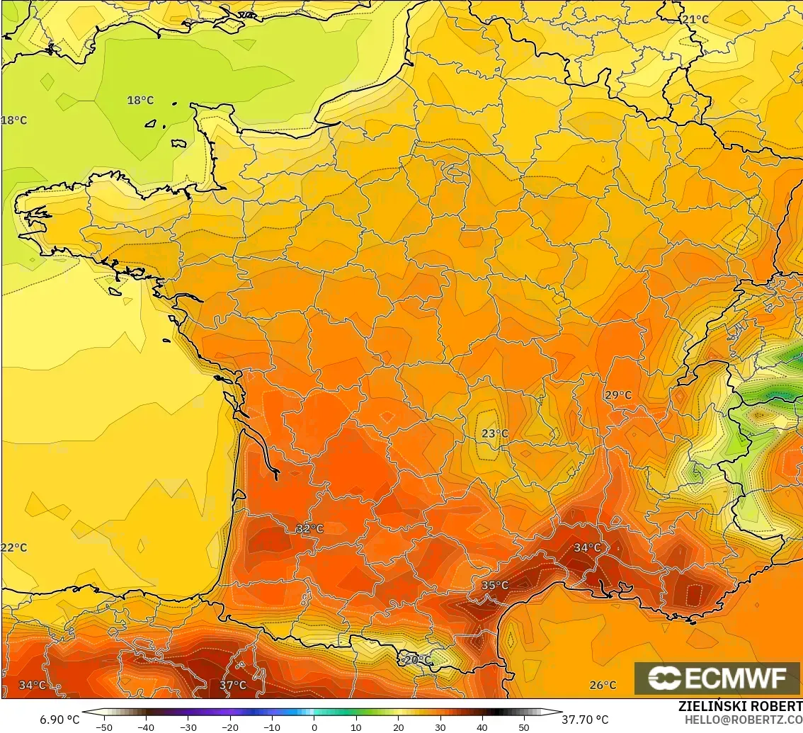 ECMWF IFS 0.25° modelo - France, Temperature at 2m