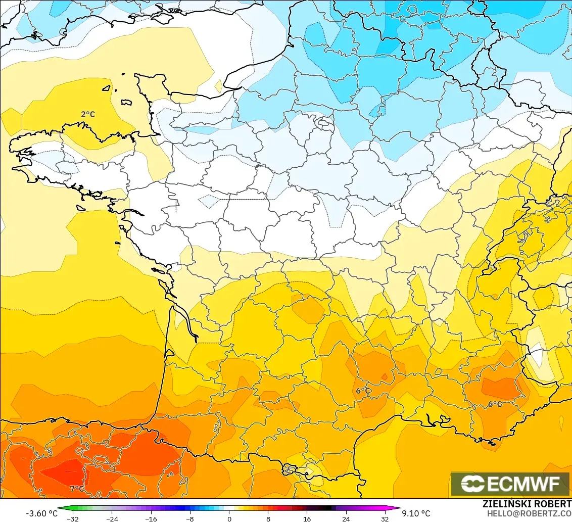 ECMWF IFS 0.25° modelo - France, Temperature at 850hPa Anomaly
