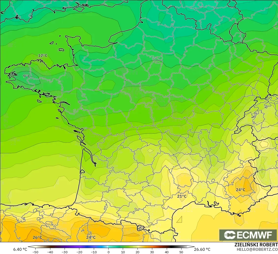 ECMWF IFS 0.25° modelo - France, Temperature at 850hPa