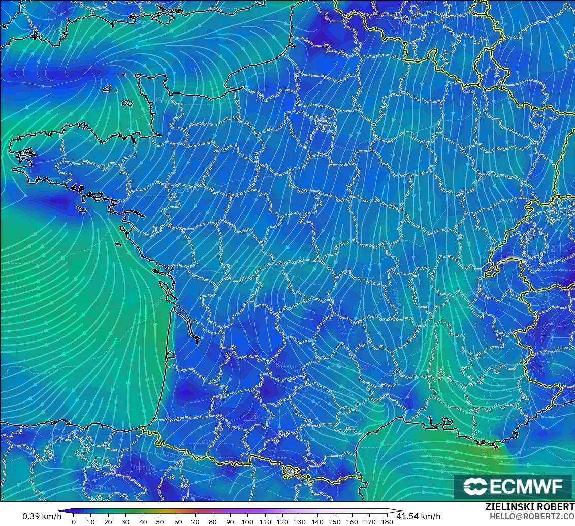 ECMWF IFS 0.25° modelo - France, Wind at 10m