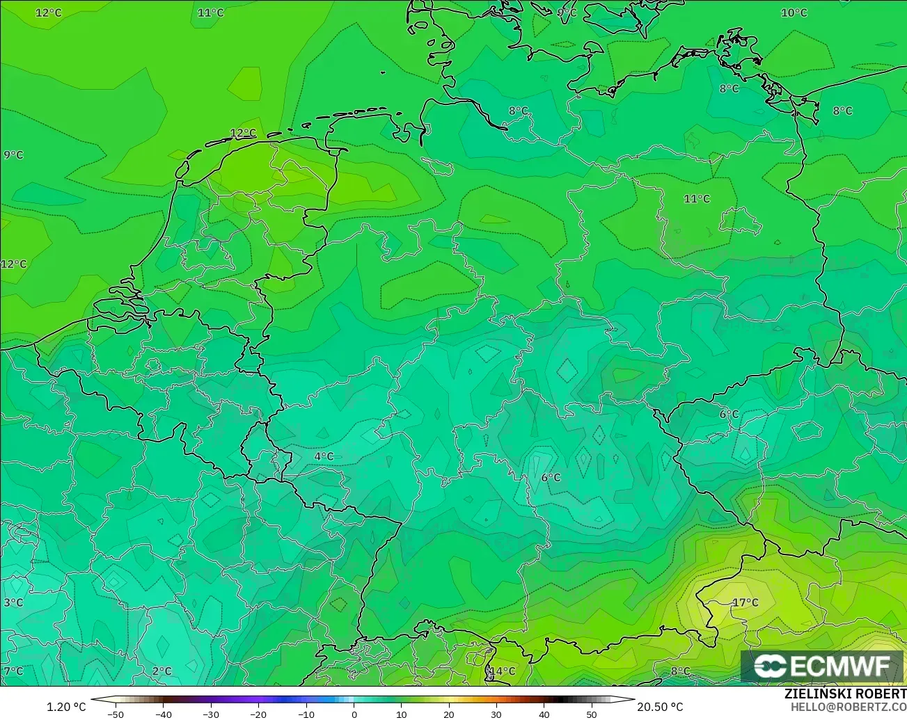 ECMWF IFS 0.25° modelo - Germany, Dewpoint at 2m