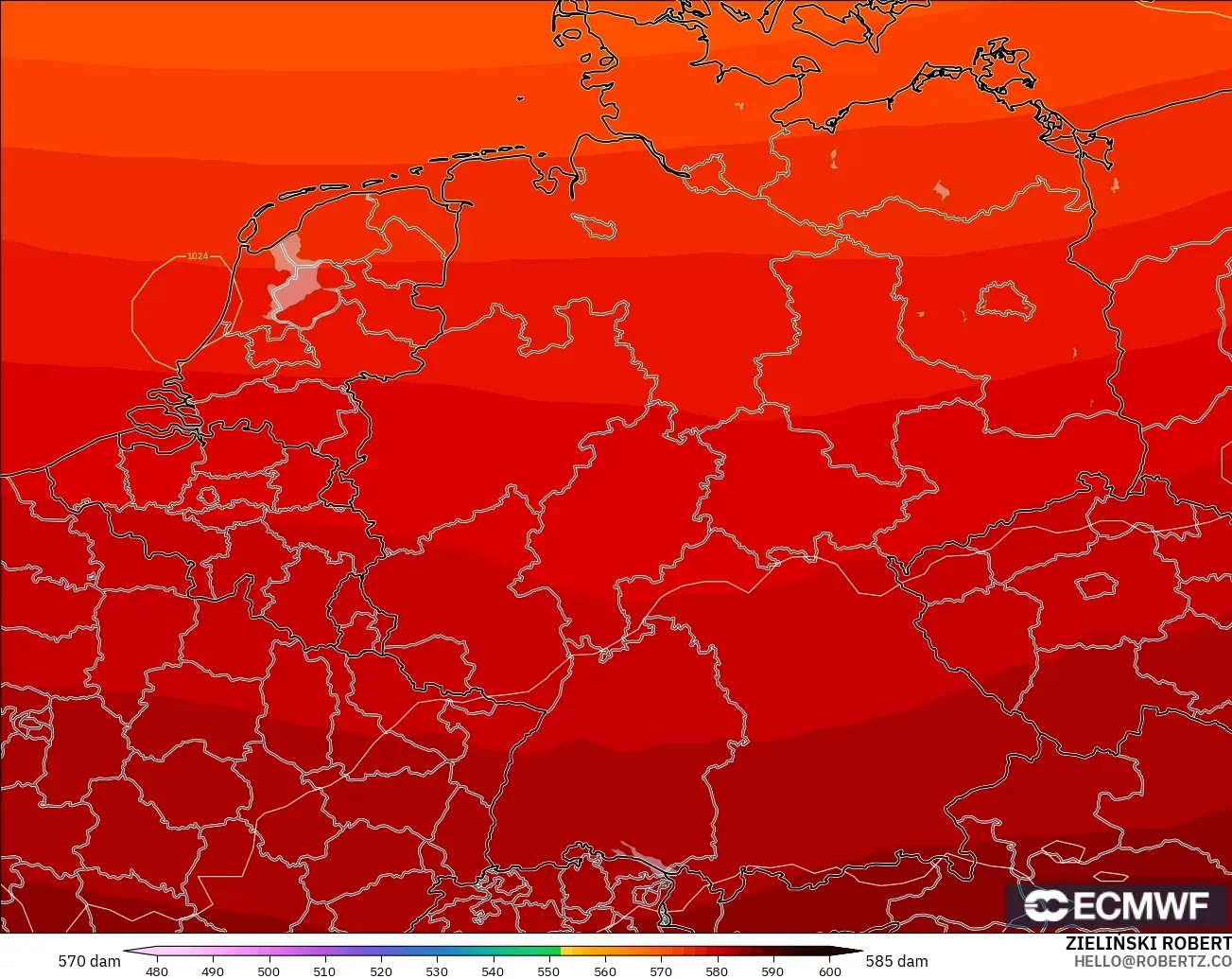 ECMWF IFS 0.25° modelo - Germany, Geopotential height at 500hPa