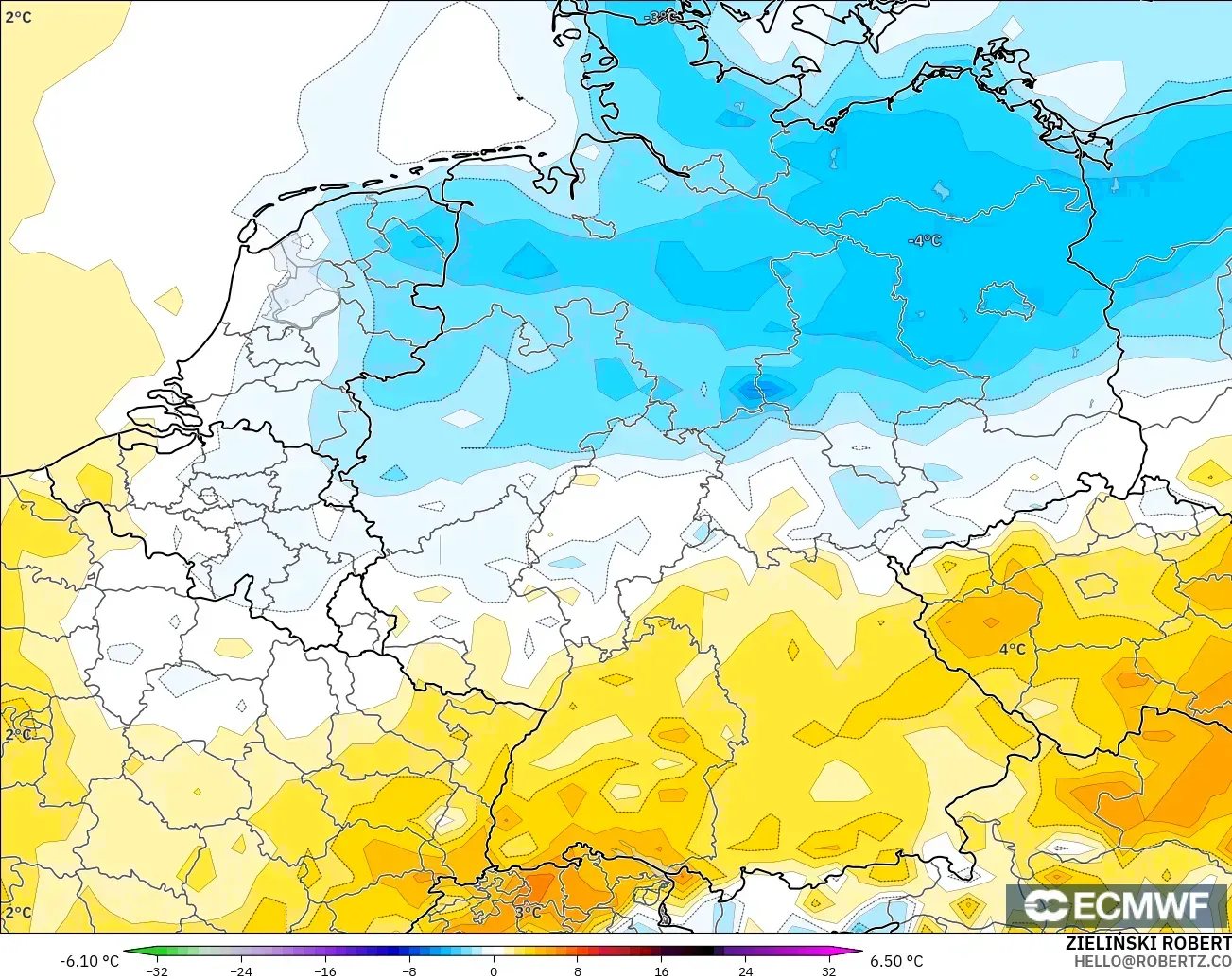 ECMWF IFS 0.25° modelo - Germany, Temperature at 2m Anomaly