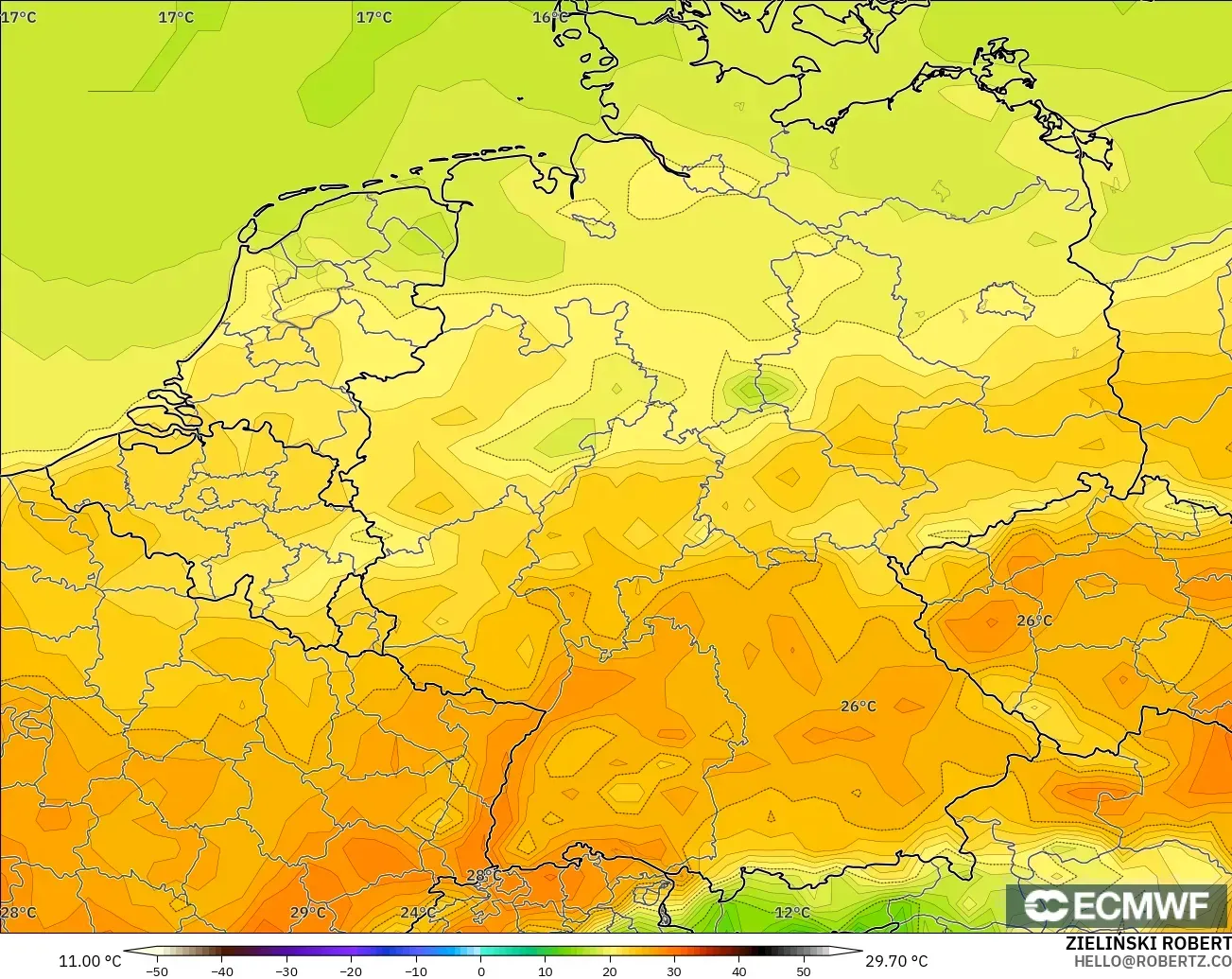 ECMWF IFS 0.25° modelo - Germany, Temperature at 2m
