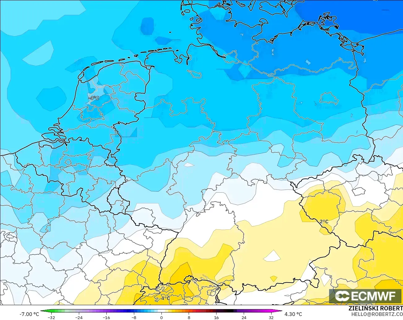ECMWF IFS 0.25° modelo - Germany, Temperature at 850hPa Anomaly