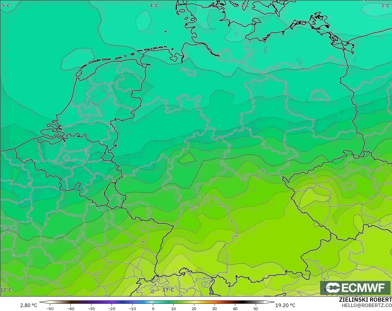 ECMWF IFS 0.25° modelo - Germany, Temperature at 850hPa