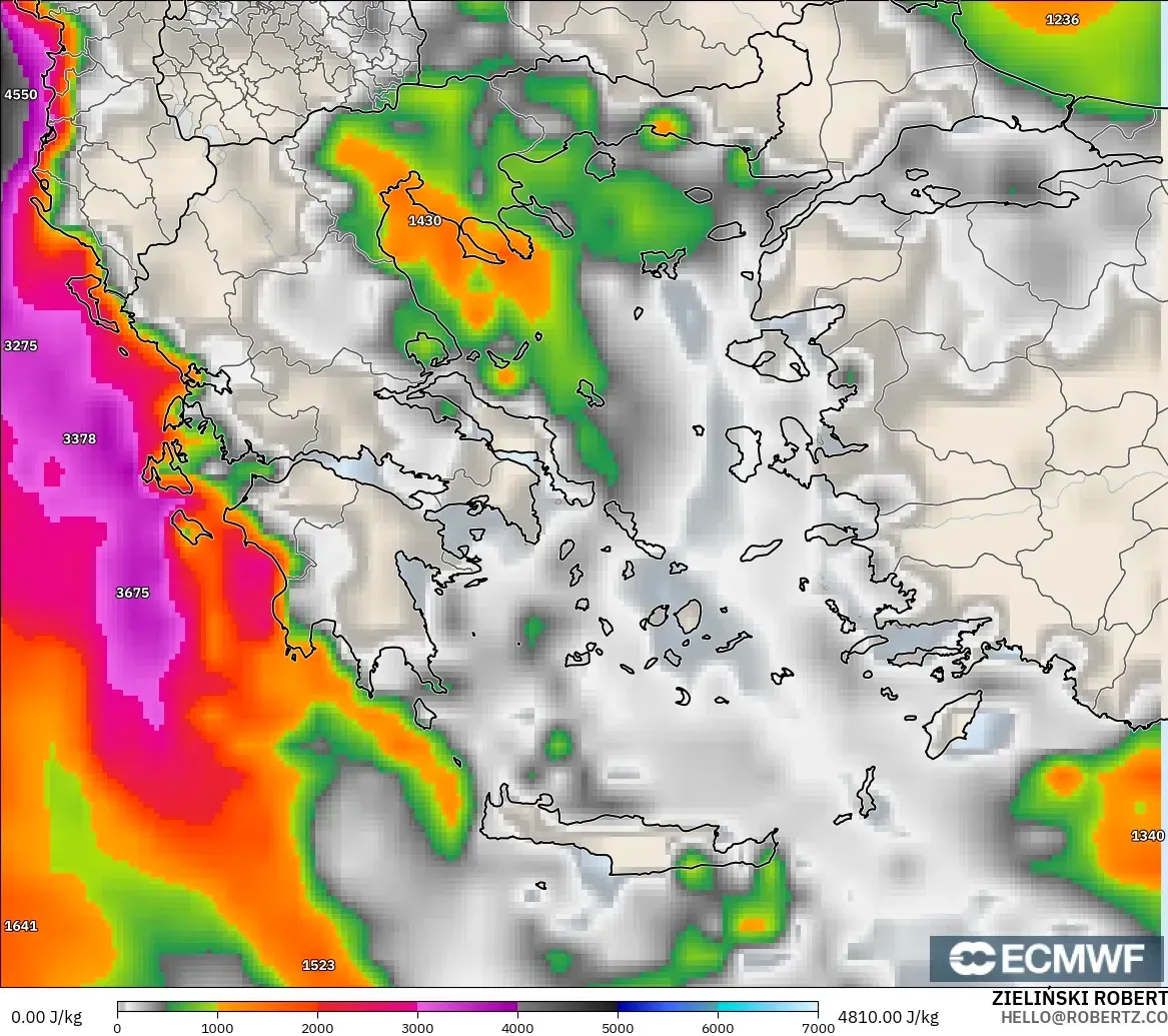 ECMWF IFS 0.25° modelo - Greece, CAPE