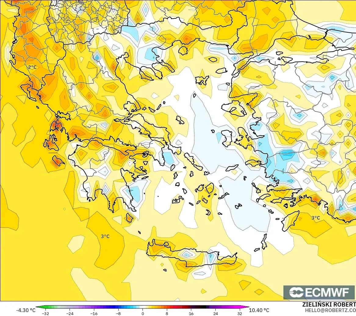 ECMWF IFS 0.25° modelo - Greece, Temperature at 2m Anomaly