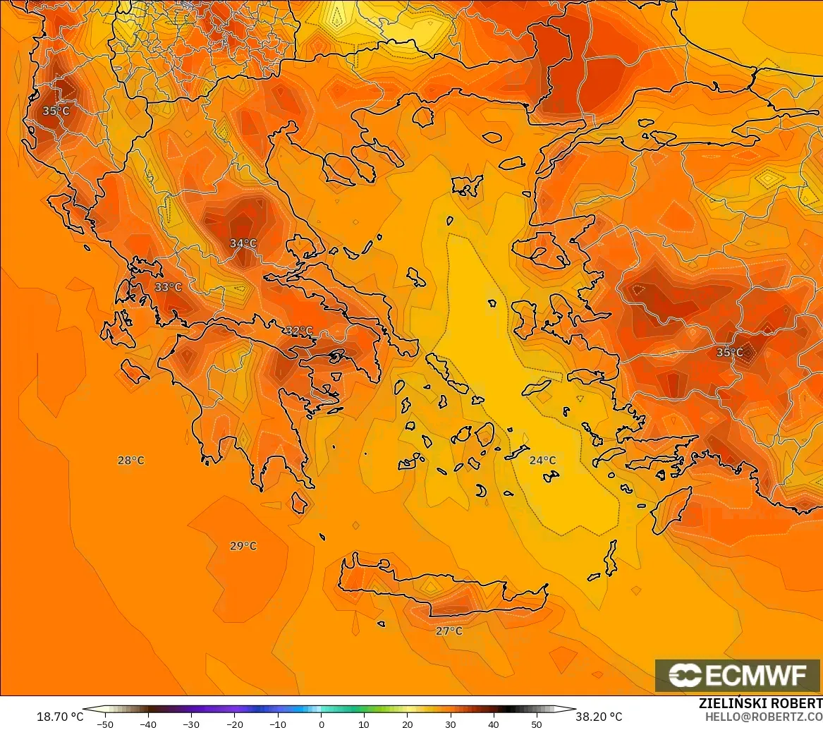 ECMWF IFS 0.25° modelo - Greece, Temperature at 2m