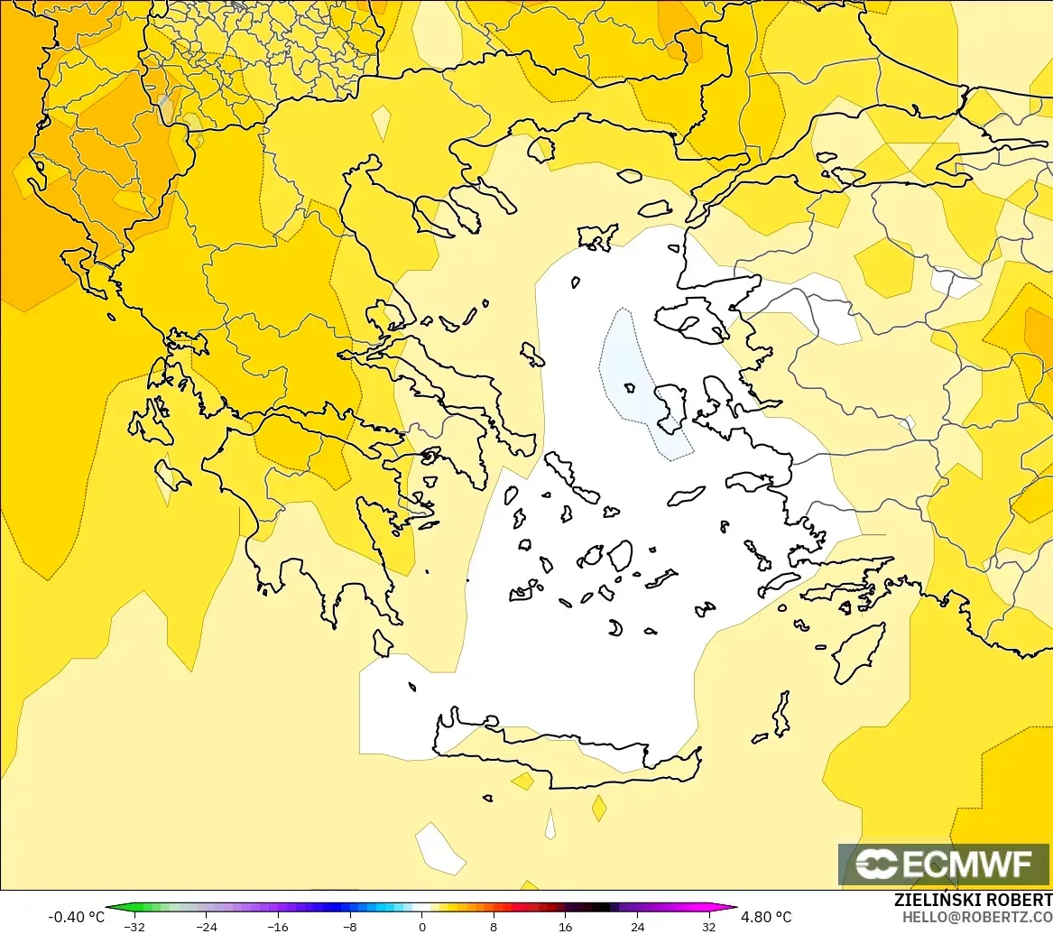 ECMWF IFS 0.25° modelo - Greece, Temperature at 850hPa Anomaly