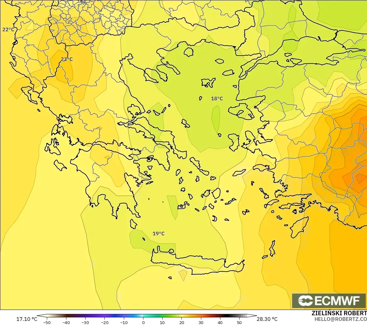 ECMWF IFS 0.25° modelo - Greece, Temperature at 850hPa