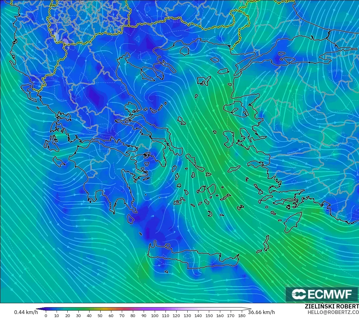 ECMWF IFS 0.25° modelo - Greece, Wind at 10m