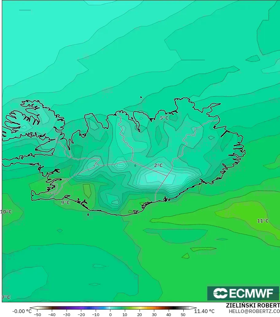 ECMWF IFS 0.25° modelo - Iceland, Dewpoint at 2m