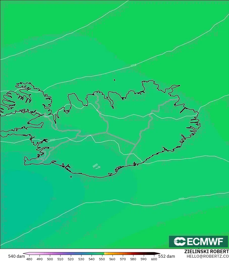 ECMWF IFS 0.25° modelo - Iceland, Geopotential height at 500hPa