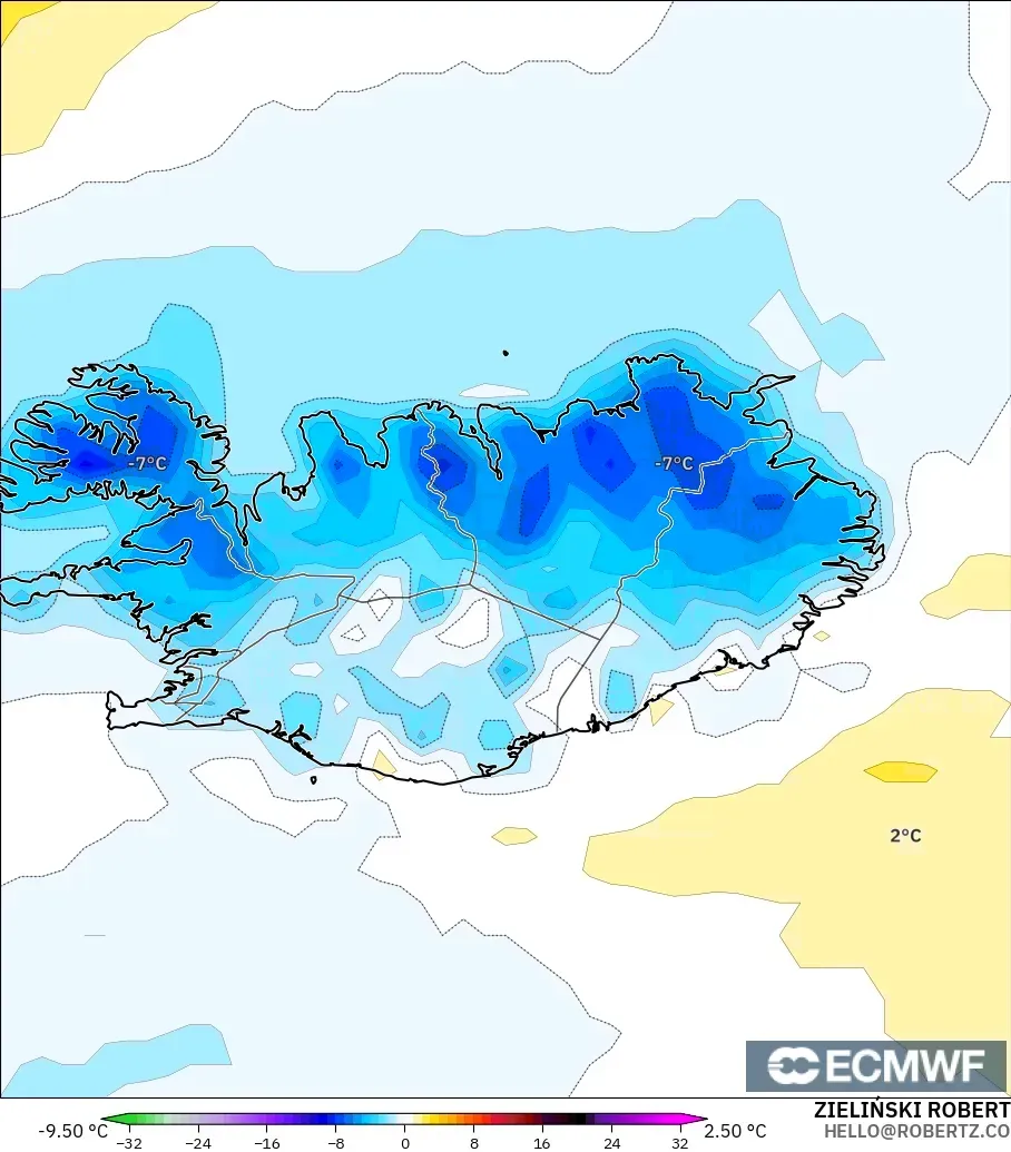 ECMWF IFS 0.25° modelo - Iceland, Temperature at 2m Anomaly