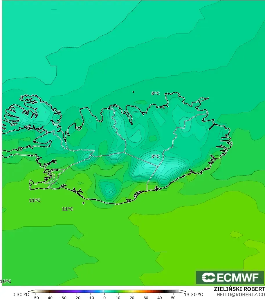 ECMWF IFS 0.25° modelo - Iceland, Temperature at 2m