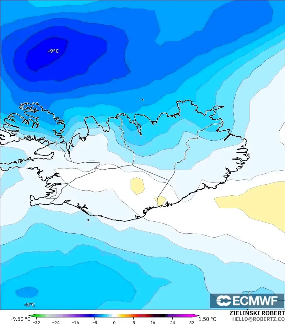 ECMWF IFS 0.25° modelo - Iceland, Temperature at 850hPa Anomaly