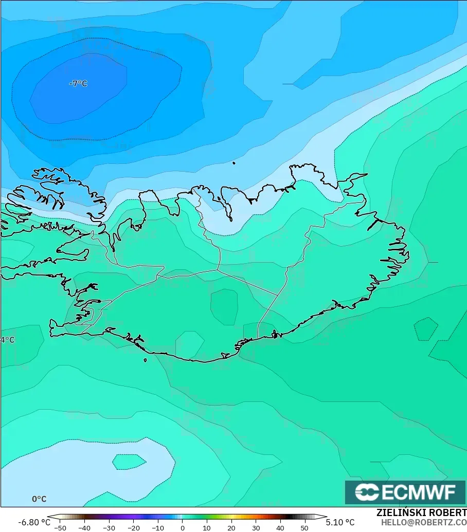 ECMWF IFS 0.25° modelo - Iceland, Temperature at 850hPa