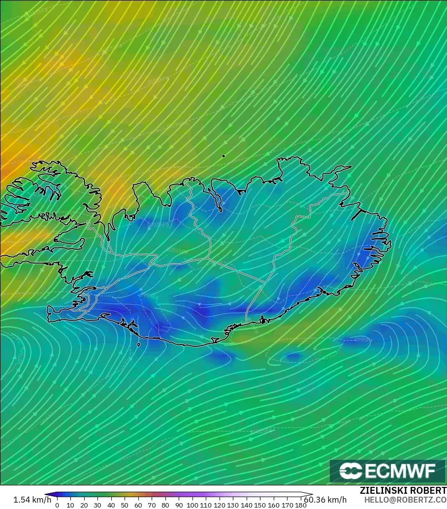 ECMWF IFS 0.25° modelo - Iceland, Wind at 10m