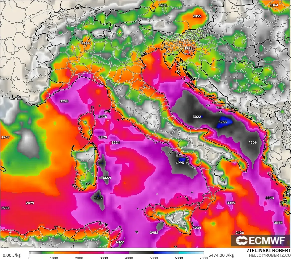 ECMWF IFS 0.25° modelo - Italy, CAPE