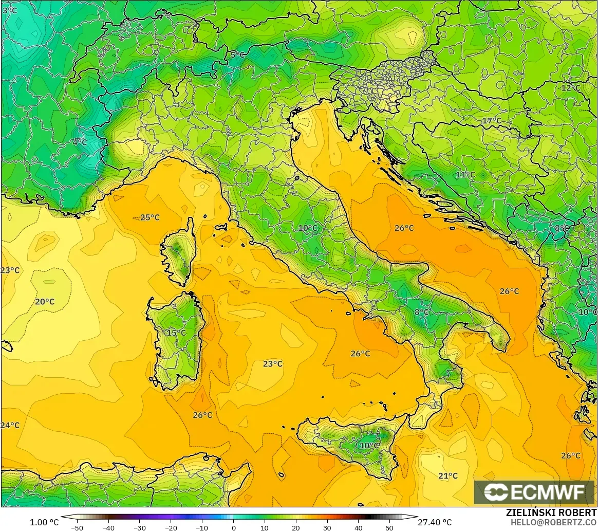 ECMWF IFS 0.25° modelo - Italy, Dewpoint at 2m